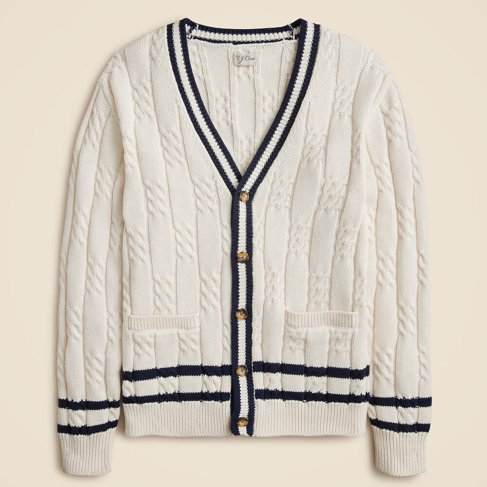 J Crew Cardigan Sweater Mens Cable Knit Varsity White Blue Striped
